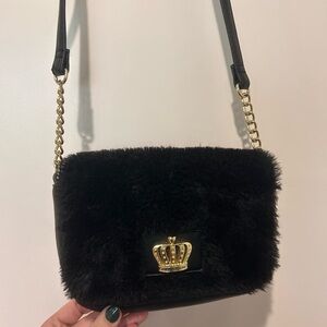 Juicy Couture Black Faux Fur Clutch or crossbody with Gold Crown